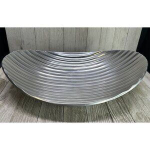 Vintage Pewter Ribbed Waved Platter Dish Bowl Tray 13.5" x 9.5" Home Decor